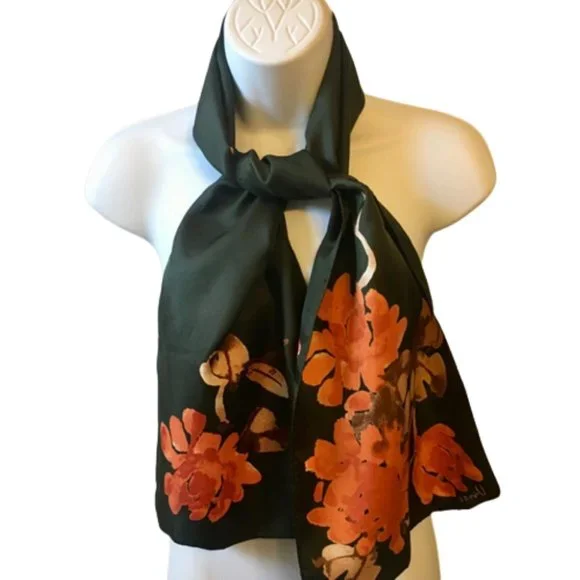 Scarf Vera Neumann Forest Green Orange Brown Watercolor Floral Oblong - Picture 4 of 8